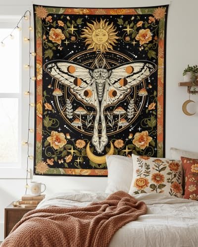 Aipon Orange Moth Tapestry Boho Retro Floral Flowers Tapestries Aesthetic Vintage Mushroom Tapestry Bedroom Indie Verti1cal Ta1pestry Wall Hanging for Living Room Dorm (36.00'' × 48.00'', Orange) - color: Orange, size: 48"L x 36"W