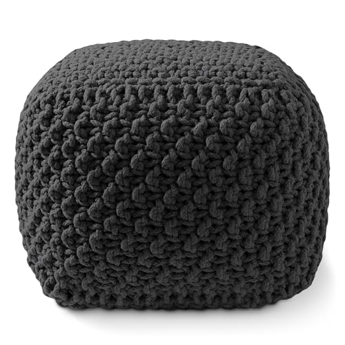 Casafield Square Pouf Ottoman, Black - 18.5" W x 18.5" D x 14.5" H Cotton Knit Foot Stool - Boho Floor Pouffe for Living Room, Bedroom, Home Office - color: Black, size: 18.5"D x 18.5"W x 14.5"H