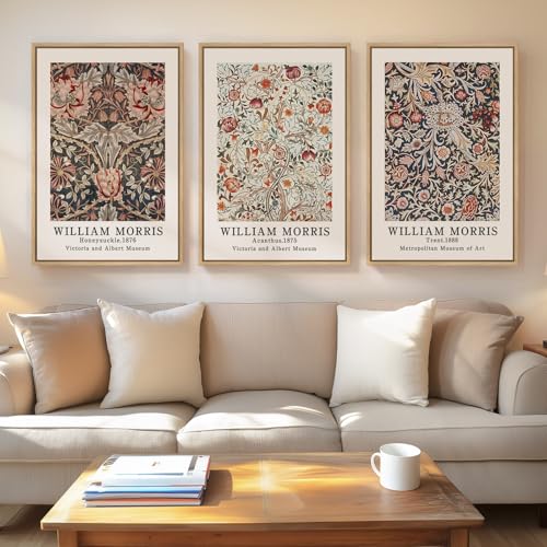 Framed Vintage William Morris Canvas Wall Art Set of 3, Large Retro Floral Artwork Prints, Rustic Farmhouse Botanical Aesthetic Wall Decor for Living Room, Bedroom, Hallway, Office, Total Size 30x60 - color: Botanical, size: 20"W x 30" H x 3Pcs