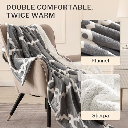 VENTIMI Electric Heated Blanket Throw, Heating Blanket with 5 Heat Settings & 3 Hours Auto-Off Timer, Warm Flannel Sherpa Heated Throw for Winter, Overheat Protection, 50’’×60’’, Machine Washable - color: Gray, size: Throw