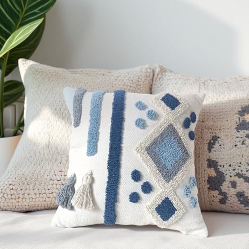 Andreannie Pack of 2 Boho Tufting Throw Pillow Cover Embroidered Textured Cushion Cover with Tassels Soft Home Decororative for Couch Sofa 18x18 inch (Boho Blue) - color: Boho Blue