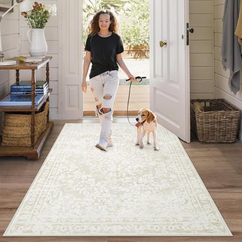 Area Rug 3x5 Entryway Rugs - Machine Washable Vintage Boho Area Rug Non-Slip Kitchen Rugs Soft Stain Resistant Indoor Door Mat, Small Floral Throw Rug for Entrance Hallway Bedroom(Cream Beige, 3'x5') - color: Cream Beige, size: 3' X 5' (Rectangular)