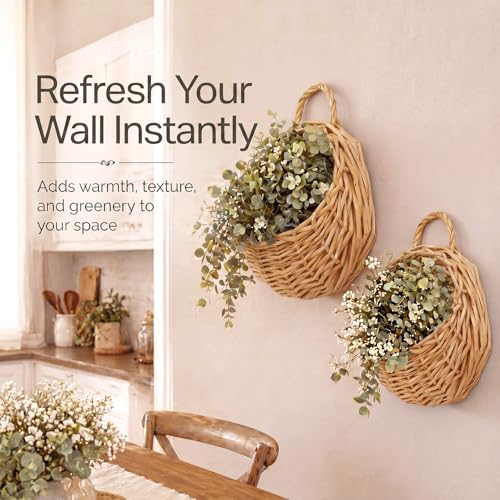 Chumia 2 Pack Wicker Hanging Basket 14" and 8" Handmade Woven Wall Hanging Basket for Plant Decorative Boho Mounted Rattan Planter Organizer for Garden Farmhouse Decor Home Front Door Flower Storage