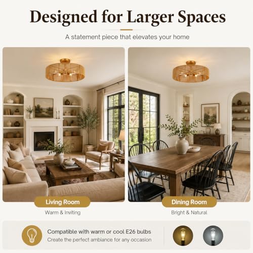 24" Natural Rattan Flush Mount Ceiling Light Fixture, 5-Light Gold Hand-Woven Wicker Boho Chandelier for Bedroom, Living Room, Dining Room, Kitchen, Rustic Lamp for Hallway and Entryway - color: Pattern A