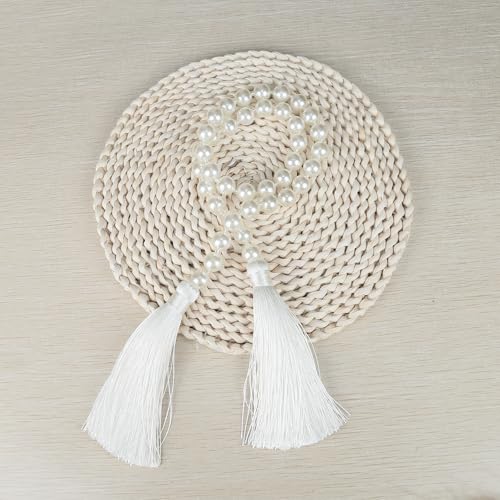 34 Inch Pearl Glass Bead Garland with Tassels - Elegant Boho Table Decor, Fringe Wall Hanging for Wedding, Party, Farmhouse Rustic Prayer Bead Home Decoration (White, 1 Pack) - color: White, size: 1 Pack