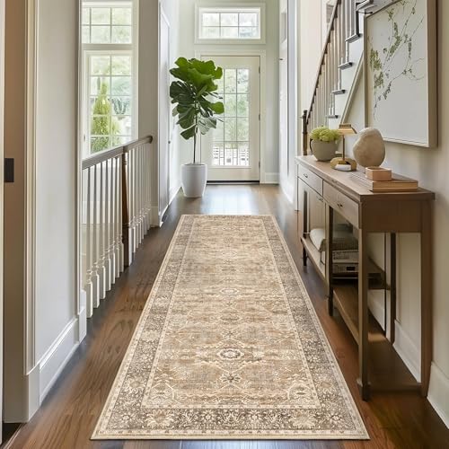 2x6 Runner Rug Beige Vintage Washable Runner Rugs for Hallway Kitchen Boho Hallway Rug Low Pile Non-Slip Retro Distressed Carpet for Entryway Bathroom Bedroom Beige - color: Beige, size: 2'*6'(Runner)