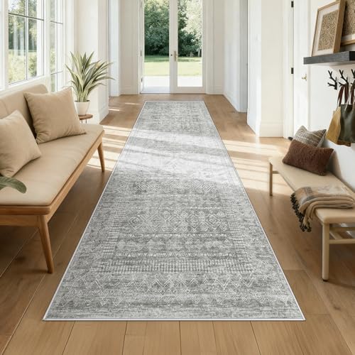 2x8 Washable Runner Rug: Moroccan Geometric Boho Rug Farmhouse Non Slip Stain Resistant Rugs Low Pile Soft Carpet for Porch Kitchen Laundry Room Living Room Bedroom (Grey,2'x8') - color: Grey, size: 2' x 8' (Rectangular)