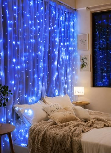 Brightown 300 LED Blue Fairy Curtain Lights, 9.8ft x 9.8ft String Lights, USB Plug in 8 Lighting Modes Christmas String Hanging Lights with Remote for Bedroom Indoor Outdoor Party Xmas Blue 1 Pack - color: Blue, size: 1 Pack-300 LED-USB Plug