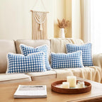 CARRIE HOME Modern Farmhouse Light Blue Gingham Lumbar Pillow Covers 12x20 Set of 2, 12 x 20 Blue Buffalo Plaid Throw Pillows with Ruffle Fringe, Summer Outdoor Checkered Plaid Lumbar Pillows - color: Lumbar Blue & White (With Tassels), size: 20" x 12" (P
