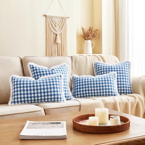 CARRIE HOME Modern Farmhouse Light Blue Gingham Lumbar Pillow Covers 12x20 Set of 2, 12 x 20 Blue Buffalo Plaid Throw Pillows with Ruffle Fringe, Summer Outdoor Checkered Plaid Lumbar Pillows - color: Lumbar Blue & White (With Tassels), size: 20" x 12" (P
