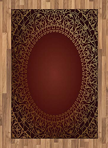 Lunarable Maroon Area Rug, Vintage Frame with Eastern Motifs Traditional Retro Classic Art, Flat Woven Accent Rug for Living Room Bedroom Dining Room, 4' X 5' 7", Earth Yellow Pale Yellow Ruby