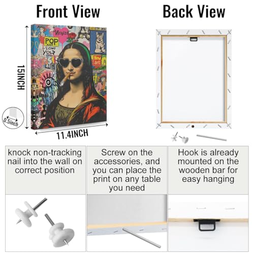 Funny Mona Lisa Canvas Wall Art, Mona Lisa Classical Painting Picture Wall Decor, Street and Graffiti Art Vintage Whimsical Poster Print for Bathroom Living Room Dining Room Home Decor 11.5x15 Inch - color: Multi 1395