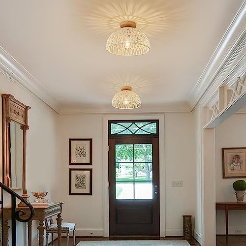 Boho Ceiling Light Fixture Rattan Flush Mount Ceiling Light Bedroom Chandelier Hand-Woven Lamp Shade Wooden Base Small Chandelier Boho Ceilings Lamp for Hallway Nursery Kitchen - color: Cream white-Ceiling light