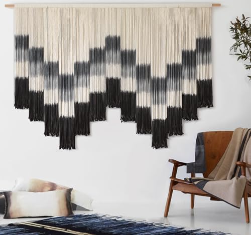 Flber Macrame Wall Hanging 57" W x 35" L Tie-Dye Geometric Decor Large Scale Wall Art Boho Yarn Tapestry Home Wall Décor - color: Black & Grey