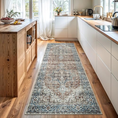 Bloom Rugs Caria Washable Non-Slip 10 ft Runner - Terracotta/Blue Traditional Runner for Entryway, Hallway, Bathroom, and Kitchen - Exact Size: 2'6" x 10' - color: Terracotta / Blue, size: 2'6" x 10' (Runner)