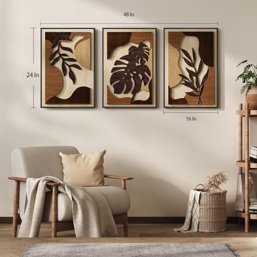 Framed Wood 3D Boho Textured Wall Art Bedroom, 3 Piece Tropical Botanical Carved Wooden Artwork for Walls, Brown Monstera Leaf Wood Wall Art Decor for Living Room Dining Room Home Office, 16x24 Inch - color: Brown, size: 16" W x 24" H x 3Pcs