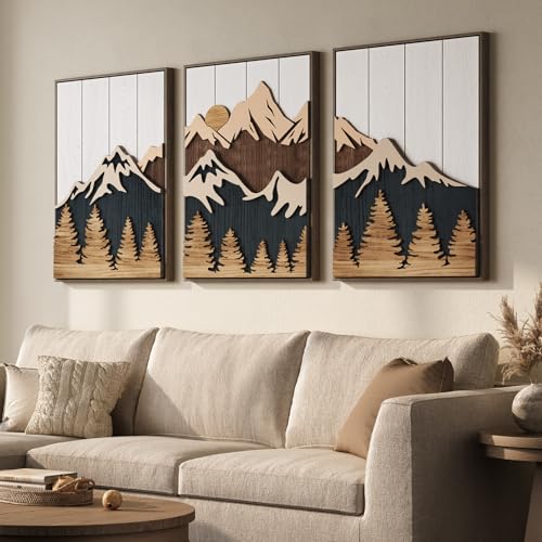 Framed Wood 3D Mountain Textured Wall Art for Living Room, Set of 3 Farmhouse Modern Wood Artwork for Walls, Large Mountain Forest Landscape Wall Art Decor for Home Office Bedroom Hallway, 20x30 Inch - color: Neutral Blue White, size: 20" W x 30" H x 3Pcs