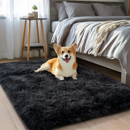 qulint 2x3 Black Grey Rug for Bedroom, Fluffy Small Area Rug for Living Room Soft Shag Fuzzy Bedroom Carpet, Shaggy Modern Alfombras for Kids Boys and Girls Decor (2ft x 3ft, Tie-Dyed Black Gray) - color: Blackgrey, size: 2' x 3' (Rectangular)