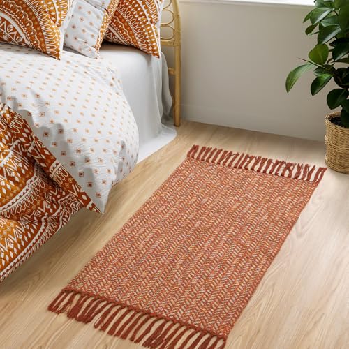 Lahome Belle Boho Fall Kitchen Rug, 2x3 Bathroom Rug Lightweight Indoor Door Mats for Entryway Small Cotton Area Rug with Tassels, Farmhouse Washable Throw Rugs Low Pile Carpet for Bedroom - color: Rust/Multi, size: 2' x 3' (Rectangular)