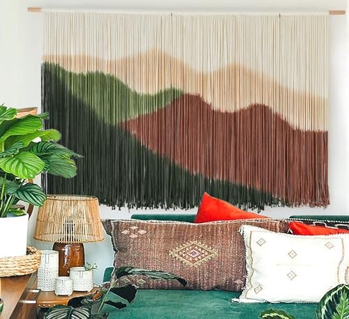 IOWER Macrame Wall Hanging Large Mountain Landscape Boho Wall Art Craftmanship Handmade Home Wall Decor for Living Room Bedroom Apartment Dorm 57" W x 35" L - color: Brown and Green