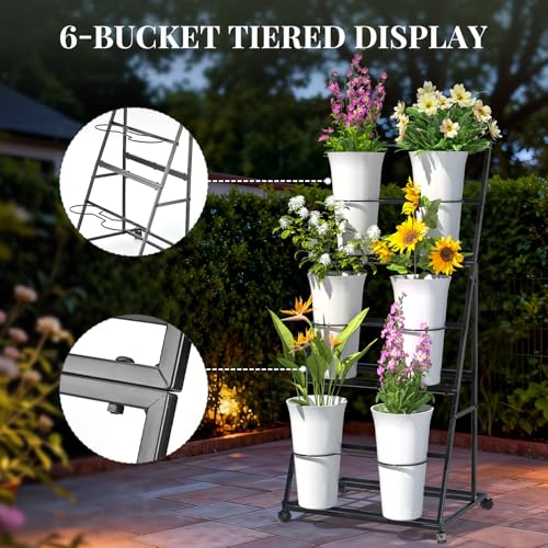 Black Tiered Flower Display Stand with 6 Buckets, Rolling 3-Tier Floral Cart for Florists, Markets & Events, Mobile Flower Presentation Rack for Shop, Patio or Wedding Setup