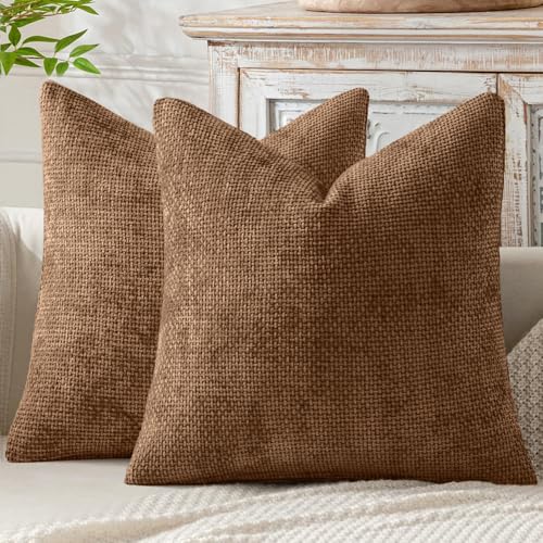 MIULEE Pack of 2 Couch Throw Pillow Covers 18x18 Inch Neutral Golden Brown Boho Accent Decorative Pillow Covers Soft Chenille Farmhouse Cushion Covers for Home Decor Bed Sofa Living Room - color: Golden Brown, size: 18" x 18" (Pack of 2)