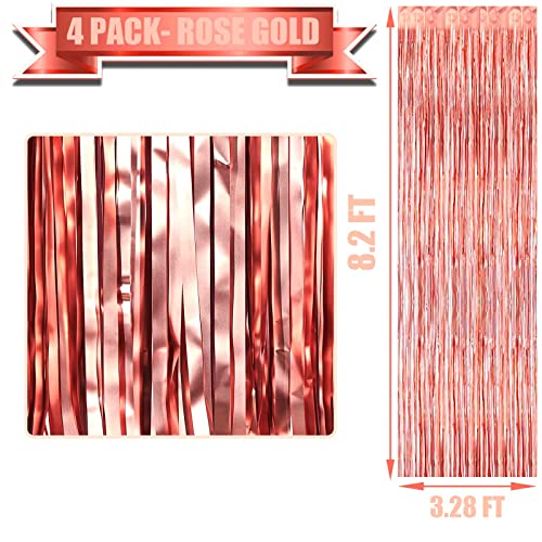 4 Pack Rose Gold Foil Fringe Curtain Backdrop, 3.28Ft x 8.2Ft Metallic Tinsel Foil Fringe Streamers Curtains for Party, - color: Rose Gold