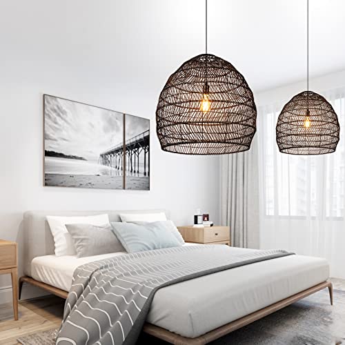 Arturesthome 15.7" Black Woven Chandelier for Kitchen,Rattan Woven Basket Pendant Light Boho Coastal Pendant Lampshade for Hallway Bedroom - color: Black, size: 15.7in*13.78in