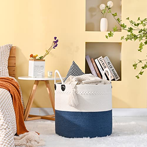 KAKAMAY Large Blanket Basket (18"x18"x16"),Woven Baby Laundry Hamper for Storage, Cotton Rope Blankets Baskets for Nursery, Laundry, Living Room, Pillows, Baby Toy chest with Handles (Navyblue) - color: Navyblue