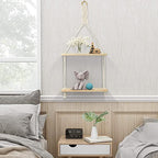 Afuly Macrame Wall Hanging Shelf Boho Floating Shelves Cotton Rope Rustic Home Decor 2 Tiers Plant Hanger Photo Display Tissue Towel Storage Organizer for Living Room Bedroom Bathroom Hallway, Beige