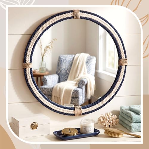 Vercraft Nautical Coastal Mirror 30" Wall Decor with Rope Wrapped Trim and Hanging Loop Round Circle Nursery Mirror Nautical Boho Rustic Decorative for Living Room, Bedroom Blue and White - size: 30"L x 30"W