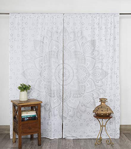 Popular Handicrafts Printed Curtains for Living Room Set of 2 Indian Hippie Bohemian Beautiful Ombre Color Mandala Curtain for Bedroom Panels White Valance 83 x 38 Inches - color: White Silver, size: 38"W x 83"L (Pack of 2)