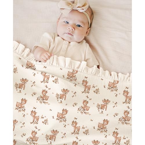 Konssy Flounce Muslin Baby Blanket for Girls Boys, 100% Cotton Soft Crib Swaddle Blankets, Reversible & Breathable Nursery Bedding for Newborns Toddlers, 43 x 39 Inches (Deer) - color: Deer, size: 43"x39"