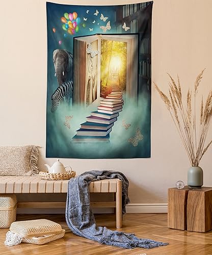 Ambesonne Fantasy Tapestry, Upstairs to Magic Book Forest Balloon Zebra Animal Butterflies, Wall Hanging for Bedroom Living Room Dorm Decor, 40" X 60", Teal Yellow - color: Teal and Yellow, size: 60"L x 40"W