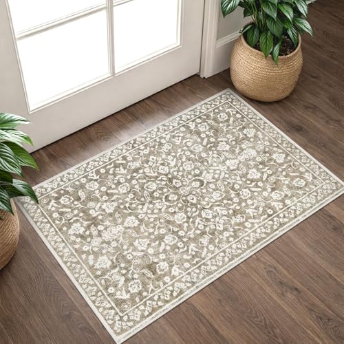 Vintage Entryway Rug Indoor, Beige Taupe Washable 2x3, Neutral Small Area Non-Slip Throw Accent Floral Kitchen Rug Print Faux Wool Super Soft Front Door Floor Carpet for Foyer Bedroom - color: Beige Taupe, size: 2' x 3' (Rectangular)