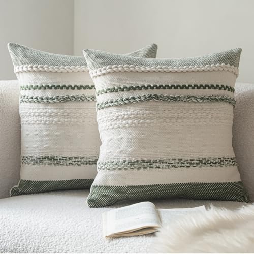 Cethom Boho Throw Pillow Covers 20x20 Inch Set of 2, Green Textured Decorative Couch Pillow Cases for Farmhouse Home Decor, Accent Cushion Cover for Sofa, Bed, Living Room, Bedroom - color: Green, size: 20" x 20" (Pack of 2)