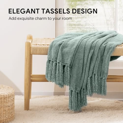 RECYCO Throw Blanket Soft Cozy Chenille Throw Blanket with Fringe Tassel for Couch Sofa Chair Bed Living Room Gift (Sage, 50'' x 60'') - color: Sage, size: 50'' X 60''