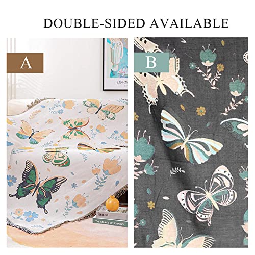 LumiSyne Double-Sided Cotton Woven Throw Blanket with Tassel Jungle Bohemian Style Tapestry Shawl Multi-Function Decorative Throws for Sofa Bed Armchair Camping Blanket Tablecloth Carpet 160x130cm - color: Butterfly Meets Flower