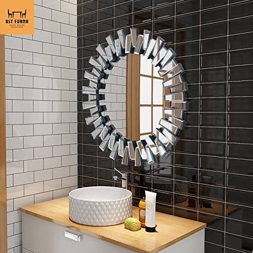 BST FURNH Round Mirror Wall Decor 24 Inches Decorative Wall Mirror with Irregular Framed and Beveled Edge Mirrors for Wall Silver Large Wall Mirror Frameless Mirrors - color: 3d Mirror