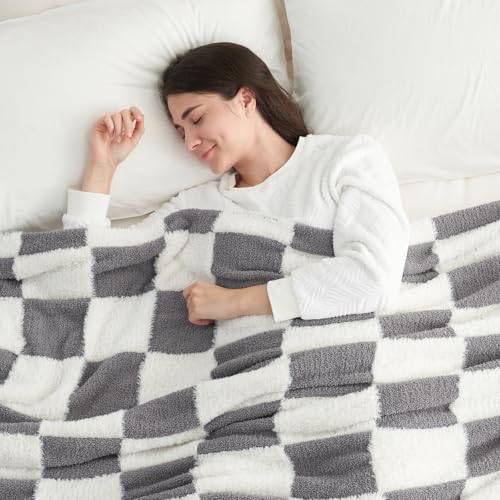 Snuggle Sac Faux Fur Checkered Blanket Twin Size with Soft Knitted Microfiber Fabric,Cozy Soft Warm Blanket for Sofa Bedroom Living Room,Grey Checker,60x80 inches - color: Grey White, size: Twin(60"x80")