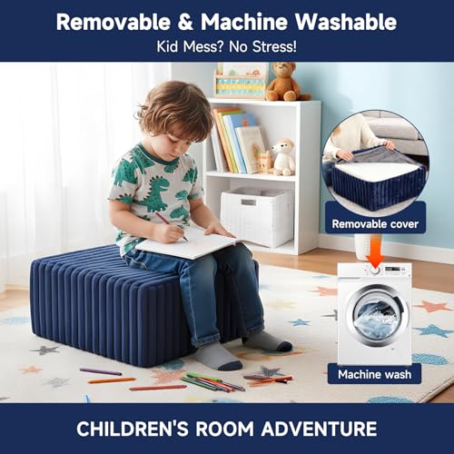 Tiita Suqre Stuffed Pouf Ottoman, Stripe Poufs 21×21×10 inch with Foam Chunk Filling, Floor Bean Bag Floor Chair Storage for Living Room Bedroom Home Decor, Navy Blue - color: Striped Square Navy Blue