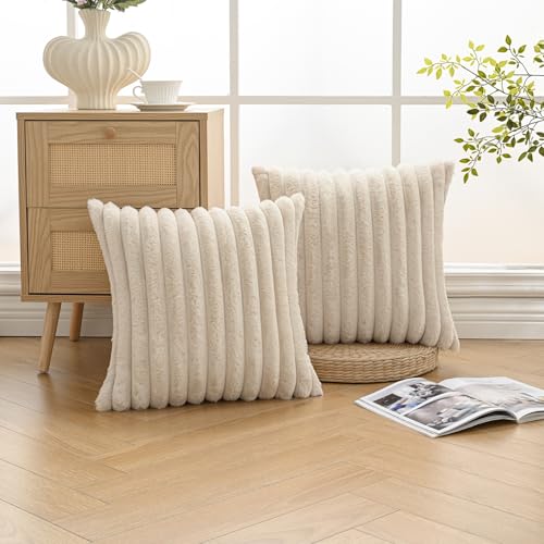 Volcanics Set of 2 Faux Fur Plush Decorative Throw Pillow Covers 18x18 Inches, Striped Cushion Cases Soft Fluffy Accent Pillowcases for Sofa, Couch and Bed, Beige - color: Beige, size: 18" x 18" (Pack of 2)