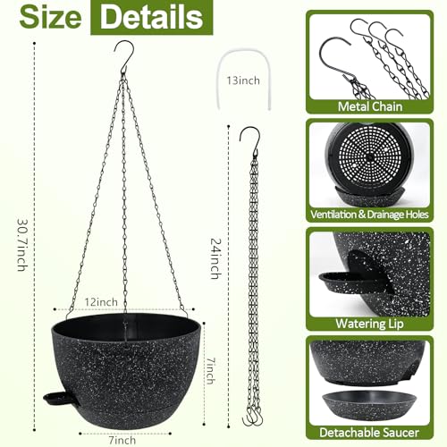 WOUSIWER Self Watering Hanging Planters, 2 Pack 12'' Plastic Pots with Drainage Holes & Reservoir Tray (Speckled Black) | Indoor & Outdoor Use for Ferns, Ivy, Herbs, Succulents - color: Black Speckled, size: 2 Pack 12 inches