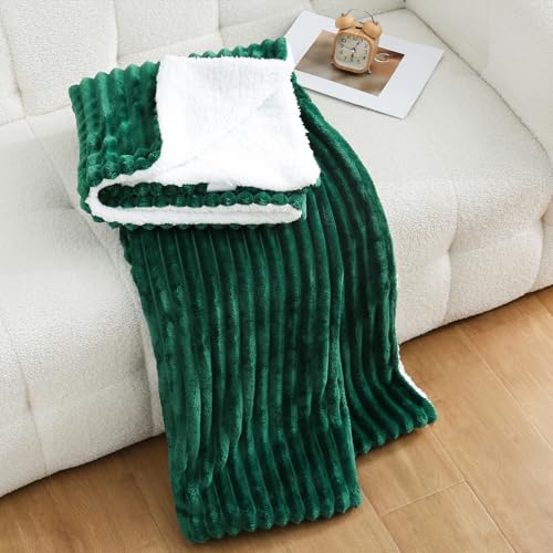 Green Sherpa Fleece Throw Blanket 60”×80” for Couch Sofa Bed,Double Side Soft Fuzzy Cozy Plush Thick Flannel Blanket with Striped Design,Gift for Adults,Woman,Girls - color: Green, size: 60×80inch