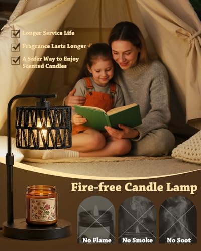 Candle Warmer Lamp, Timer Dimmable Candle Lamp, Adjustable Height and Brightness Candle Warmer, Black Boho Rattan Lampshade and 2 Bulbs, Suitable for Home Decor, Birthday Gifts for Women Mom - color: Boho-Black Shade