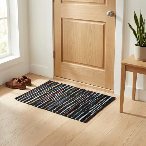 Cotton Hosiery Hand Woven Area Rug 2x3 Feet - Dark Multi, Accent Decorative Farmhouse Reversible Throw Indoor Carpet Ideal for Entryway, Kitchen, Laundry | Black Small Soft Floor Mat for Nursery - color: Dark Multi Hoisery, size: 2 x 3 feet