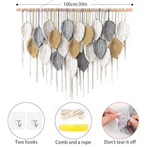 LOMOHOO Large Macrame Wall Hanging, Boho Home Decor, Bohemian Woven Tapestry Leaf Feather Wall Art Decoration for Living Room Bedroom Apartment Gallery Dorm Perfect Handmade Gift Ideas 39" W x 30.7" L - color: 39" W x 30.7" L