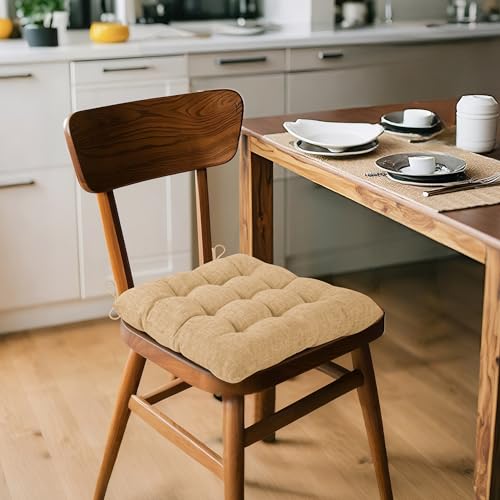 ELFJOY 4 Pack Chair Cushions for Dining Chairs Chair Pads Cushion for Kitchen Office Tufted Textured Square Seat Cushion with Ties (16" Khaki) - color: Khaki