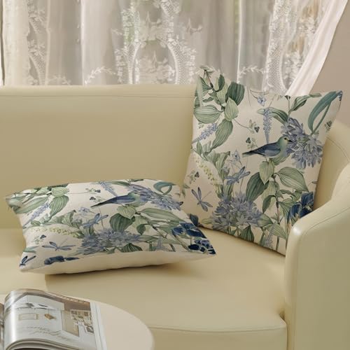 Chinoiserie Pillow Covers 16x16 Inch 2 Pcs Vintage Blue Green Floral Bird Decor Throw Pillows Flower Spring Summer Outdoor Farmhouse Decoration Pillowcase Linen Cushion Cover for Couch - color: Blue Green Chinoiserie Flower Bird, size: 16" x 16" (Pack of