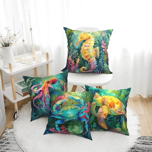 Coastal Beach Throw Pillow Covers 18 X 18 Inch Set of 4 Decorative Cushion Cover Home Decor for Sofa Chair Couch Bedroom Living Room - color: Coastal Beach
